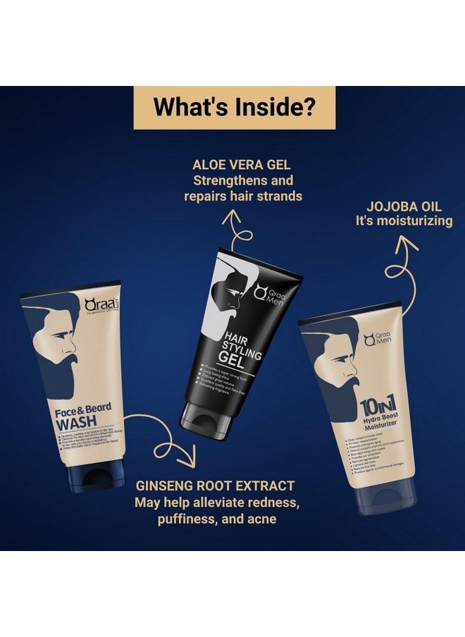 Qraa Men Winter Care Kit (Value Pack) For Glowing & Moisturised Skin | Ideal Gift Set For Men (Face And Beard Wash, 10 In 1 Hydra Moisturizer, Hair Styling Gel) 100Gm X3 | Pack Of 3  - Image 3