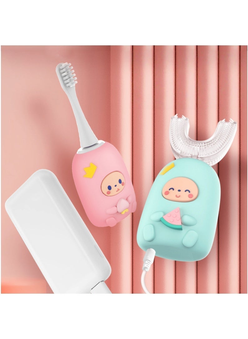 فرشاة أسنان كهربائية للأطفال، فرشاة أسنان أوتوماتيكية بالموجات فوق الصوتية على شكل حرف U مع رأسين فرشاة، 3 أوضاع تنظيف، تصميم كرتوني للأطفال، هدية مثالية لعيد الميلاد (من 2 إلى 12 سنة) (وردي) - Image 2