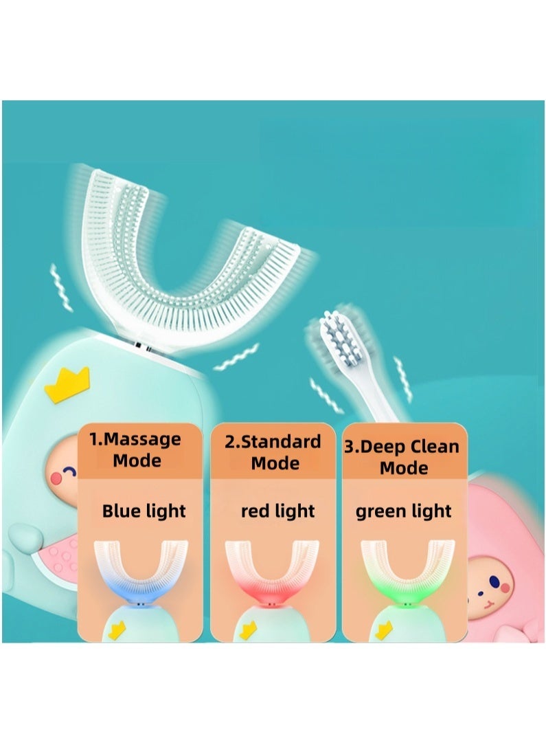 فرشاة أسنان كهربائية للأطفال، فرشاة أسنان أوتوماتيكية بالموجات فوق الصوتية على شكل حرف U مع رأسين فرشاة، 3 أوضاع تنظيف، تصميم كرتوني للأطفال، هدية مثالية لعيد الميلاد (من 2 إلى 12 سنة) (وردي) - Image 3