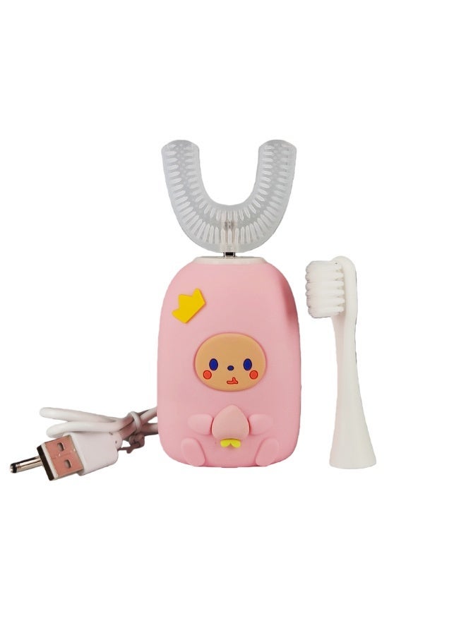 فرشاة أسنان كهربائية للأطفال، فرشاة أسنان أوتوماتيكية بالموجات فوق الصوتية على شكل حرف U مع رأسين فرشاة، 3 أوضاع تنظيف، تصميم كرتوني للأطفال، هدية مثالية لعيد الميلاد (من 2 إلى 12 سنة) (وردي) - Image 1