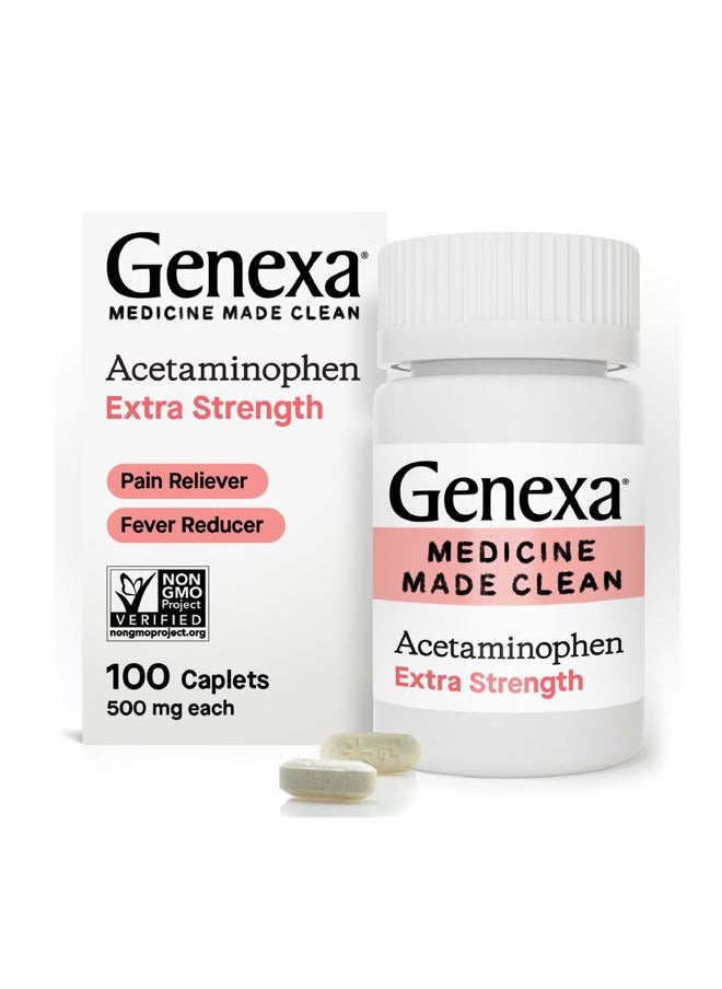 Genexa Clean Acetaminophen Extra Strength, Dye Free Pain Reliever & Fever Reducer, 0% Artificial Additives, Pain Relief for Headache, Backache, Toothache, & Minor Arthritis, 500mg, 100 Caplets  - Image 1