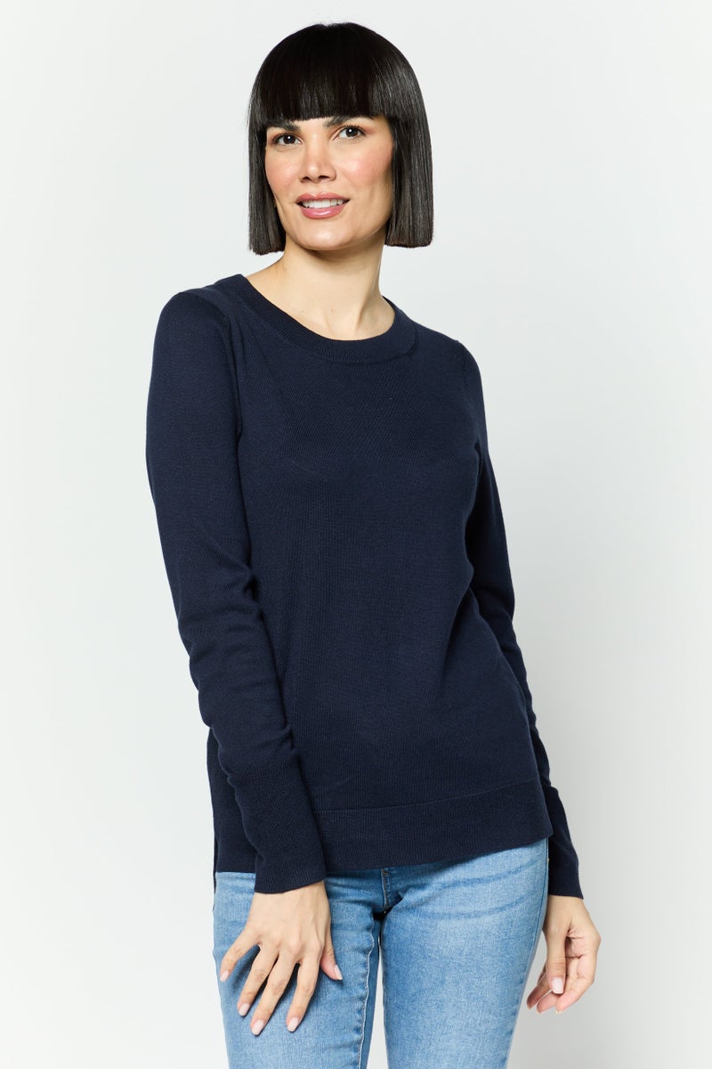 ESPRIT Women Round Neck Long Sleeves Solid Top, Navy - Image 1