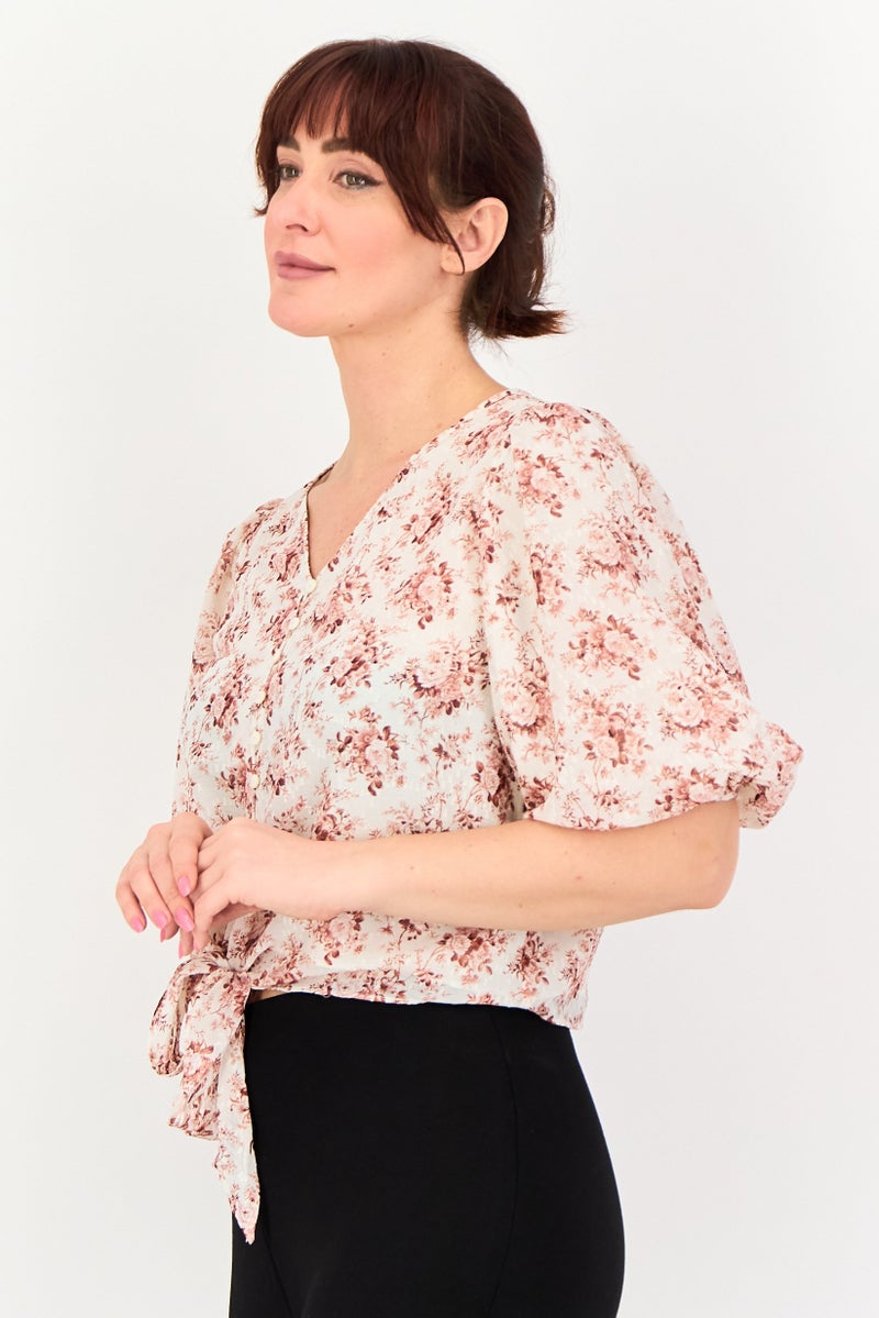 VERO MODA Women V Neck Balloon Sleeve Floral Print Blouse, Multicolor - Image 2