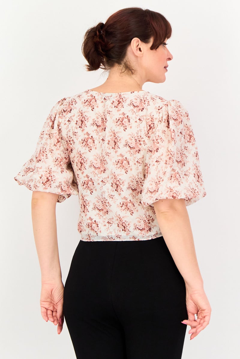 VERO MODA Women V Neck Balloon Sleeve Floral Print Blouse, Multicolor - Image 3