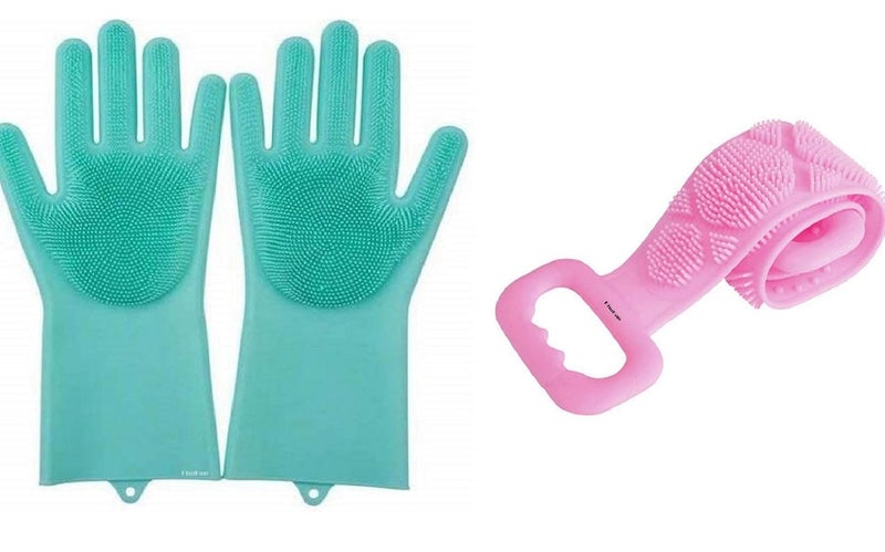 PallRin Combo Silicone Cleaning Wash hand scrubber Gloves pair for utensils bathroom vehicle Wash scrub, 1 Pair + Bathing towel type Double sided Scrubber Belt Brush for Body Back, Color Random, 1 No - Image 1