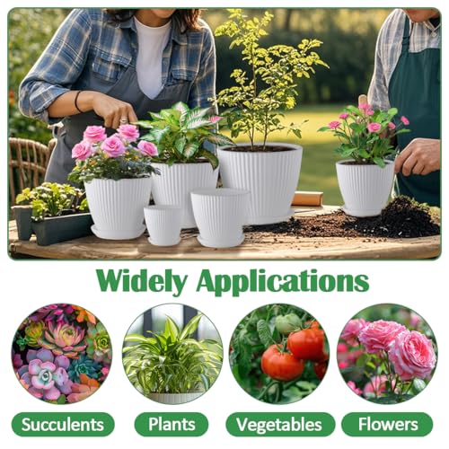 RooTrimmer 7.5/6.5/5.5/4.9/4.2/3.5 Inch Plant Pots with Drainage Holes and Saucer, Plastic Flower Pots for Indoor Plants, Lightweight Planter Pots for Plants, White - Image 2