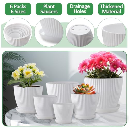 RooTrimmer 7.5/6.5/5.5/4.9/4.2/3.5 Inch Plant Pots with Drainage Holes and Saucer, Plastic Flower Pots for Indoor Plants, Lightweight Planter Pots for Plants, White - Image 4