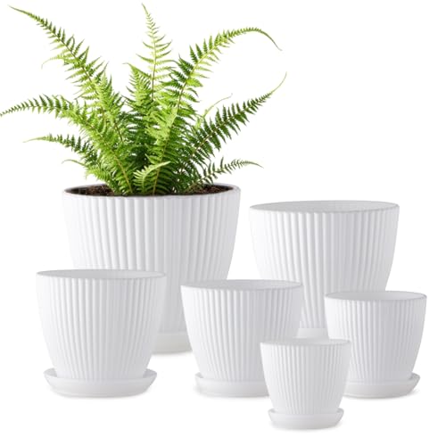 RooTrimmer 7.5/6.5/5.5/4.9/4.2/3.5 Inch Plant Pots with Drainage Holes and Saucer, Plastic Flower Pots for Indoor Plants, Lightweight Planter Pots for Plants, White - Image 1
