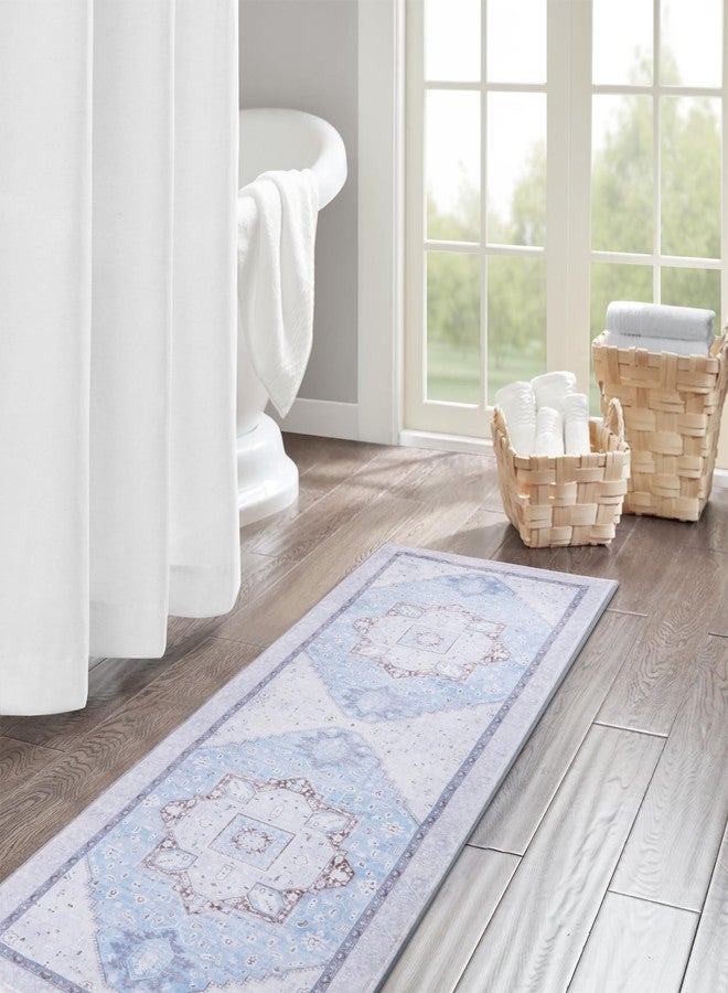 PAGGED Washable Vintage Runner Rug Non Slip Bathroom Rug Light Blue Floral Thin Long Bath Mat Carpet Entryway Runner for Bedroom Laundry Room Kitchen Hallway Mudroom,18" x 47" - Image 1