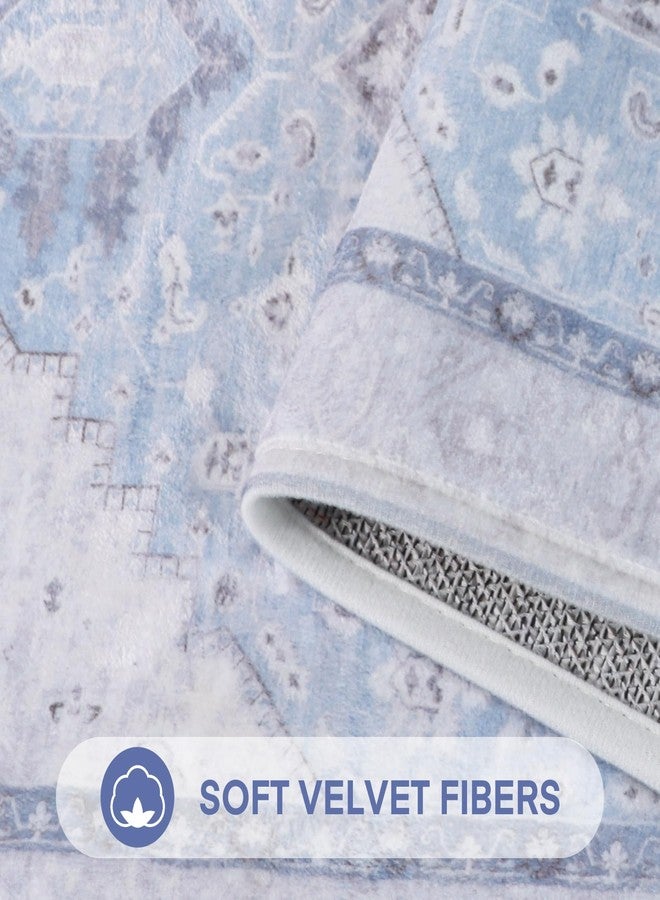 PAGGED Washable Vintage Runner Rug Non Slip Bathroom Rug Light Blue Floral Thin Long Bath Mat Carpet Entryway Runner for Bedroom Laundry Room Kitchen Hallway Mudroom,18" x 47" - Image 2