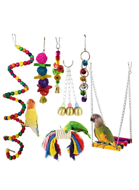 7 Packs of Colorful Parrot Toys with Bells and Hammocks for Small Birds like Parakeets, Cockatiels, Conures, Finches, Budgies, Macaws, and Love Birds