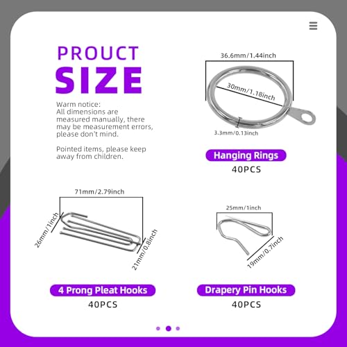 Swpeet 120Pcs Silver 118Inch 30mm Metal Drapery Curtain Rings Curtain Hanging Rings and Stainless Steel 4 Prongs Pinch Pleat Hook with Drapery Curtain Pinon Hooks Pins for 19mm25mm Curtain Rods - Image 3