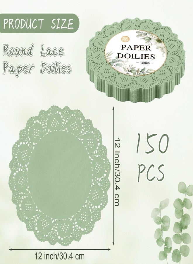 Kochorie 150 Pieces Lace Paper Doilies 12 Inches Round Sage Green Paper Doilies Disposable Decorative Placemats for Food Cakes Crafts Party Weddings Tableware Decoration - Image 2