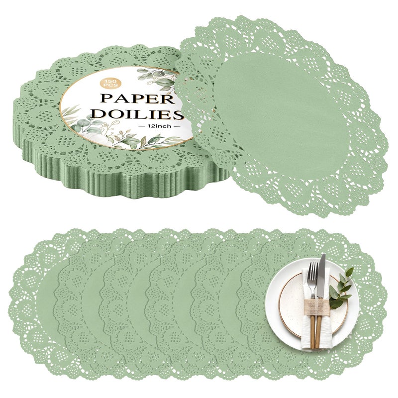 Kochorie 150 Pieces Lace Paper Doilies 12 Inches Round Sage Green Paper Doilies Disposable Decorative Placemats for Food Cakes Crafts Party Weddings Tableware Decoration - Image 1