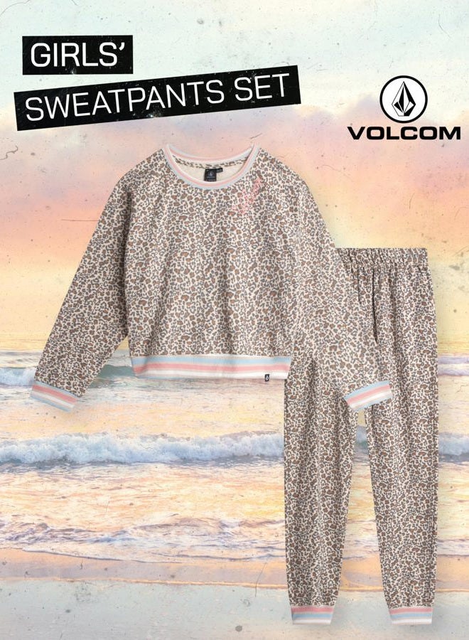 Volcom Girls Sweatpants Set - 2 Piece Fleece Fashion Crewneck Sweatshirt and Jogger Sweatpants for Girls Matching Set, Taupe, 8-10 - Image 2
