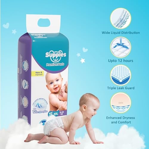 Supples Amazon Brand - Supples Premium Baby Diaper Pants | 84 Baby Diapers | XXL | 15-25 Kg | 42 x 2 Packs | 12 Hrs Absorption | Cushiony Cotton Soft Fabric | Phthalates-Free | Triple Leak Guard - Image 3