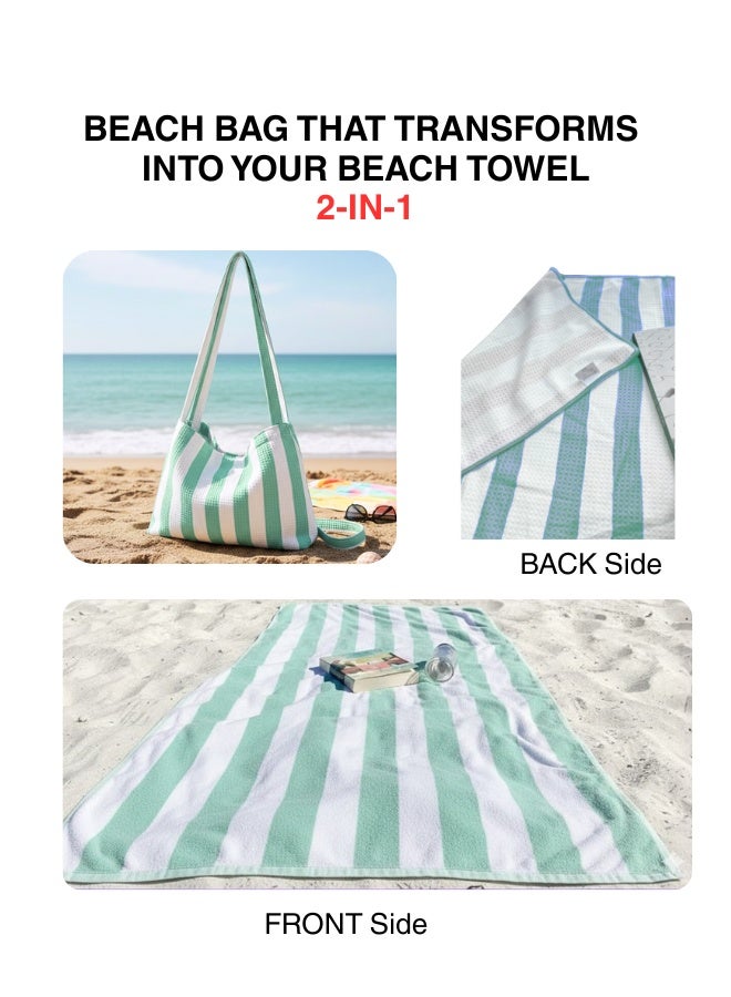 بيرل كوست انترناشيونال Beach Towels & Beach Bag Combo, Pack of 2 | 80% Polyester and 20% Polyamide Towels | Quick Dry, Super Absorbent (Green and White) - Image 3