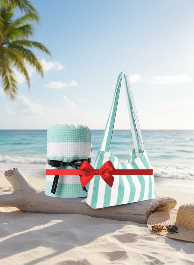 بيرل كوست انترناشيونال Beach Towels & Beach Bag Combo, Pack of 2 | 80% Polyester and 20% Polyamide Towels | Quick Dry, Super Absorbent (Green and White) - Image 1