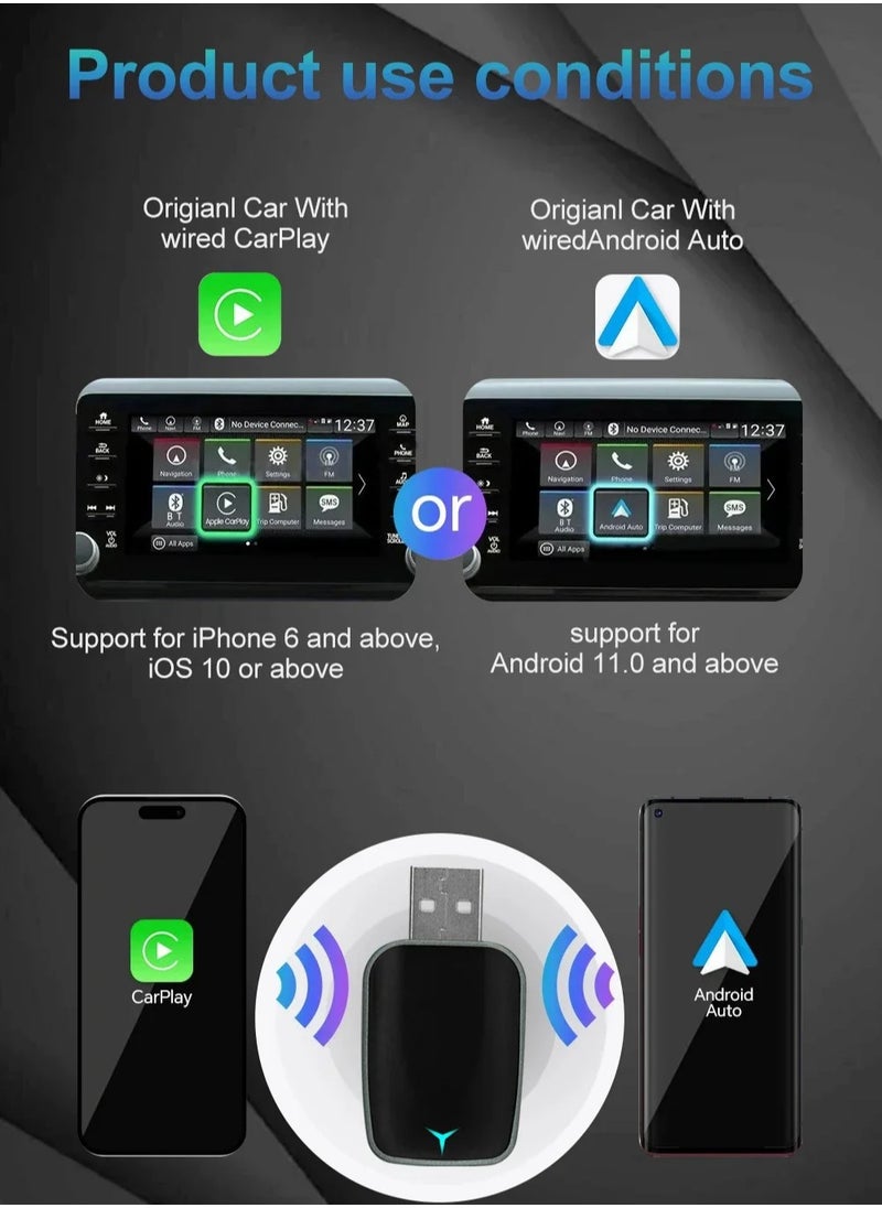 Generic - Mini Wireless Carplay Adapter, Convert Wired to Wireless Car Play & Android Auto 2-in-1 Adapter for  iPhone & Android Phone, Plug & Play, Auto Connect, No Delay, with USB C for iOS 10+ Android 11+ - Image 1