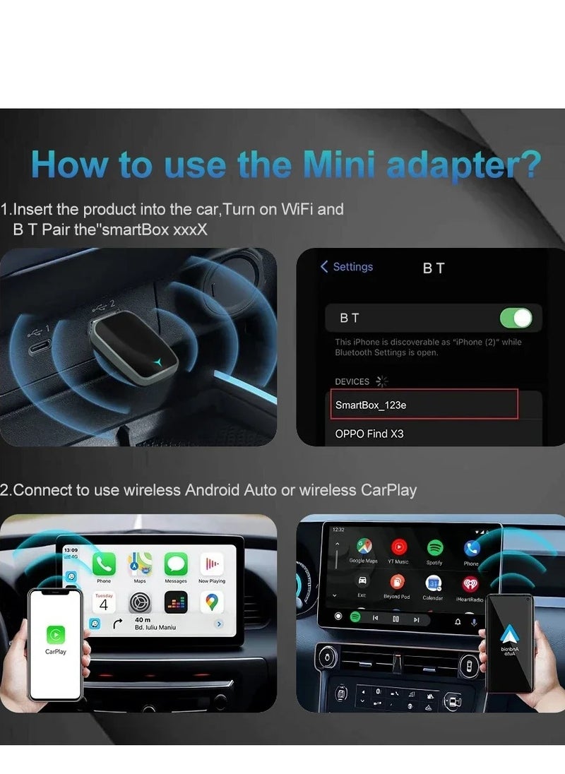 Generic - Mini Wireless Carplay Adapter, Convert Wired to Wireless Car Play & Android Auto 2-in-1 Adapter for  iPhone & Android Phone, Plug & Play, Auto Connect, No Delay, with USB C for iOS 10+ Android 11+ - Image 1