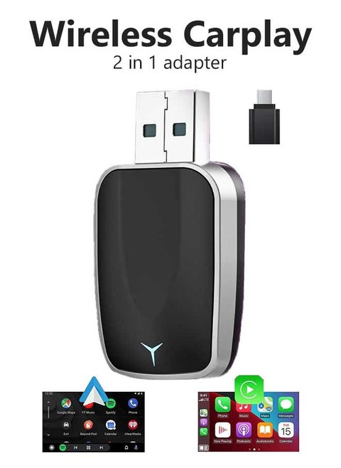 Mini Wireless Carplay Adapter, Convert Wired to Wireless Car Play & Android Auto 2-in-1 Adapter for  iPhone & Android Phone, Plug & Play, Auto Connect, No Delay, with USB C for iOS 10+ Android 11+