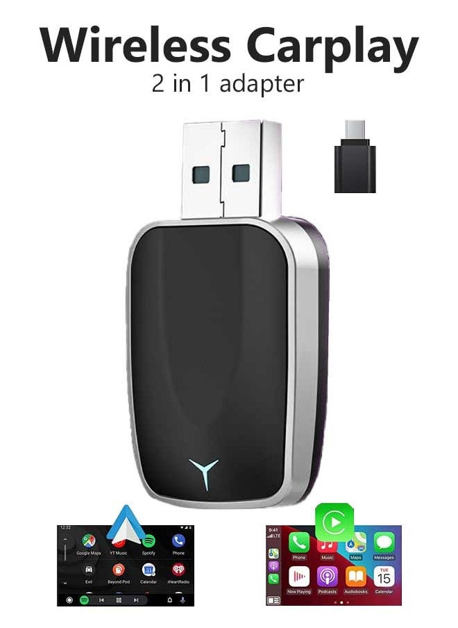Generic - Mini Wireless Carplay Adapter, Convert Wired to Wireless Car Play & Android Auto 2-in-1 Adapter for  iPhone & Android Phone, Plug & Play, Auto Connect, No Delay, with USB C for iOS 10+ Android 11+ - Image 1