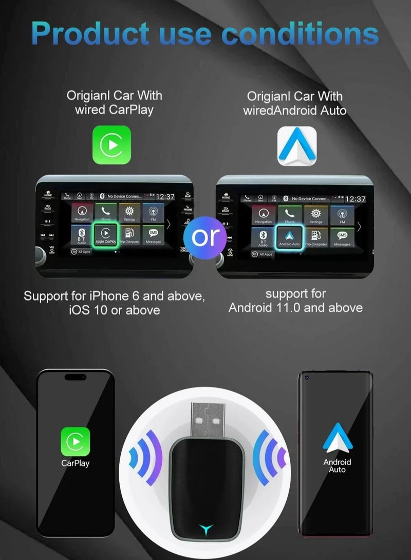 Digisand Mini Wireless Carplay Adapter, Convert Wired to Wireless Car Play & Android Auto 2-in-1 Adapter for  iPhone & Android Phone, Plug & Play, Auto Connect, No Delay, with USB C for iOS 10+ Android 11+ - Image 2