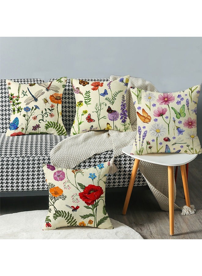Linen Square Pillow Cases 45cm×45cm, Boho Set of 4 Dragonfly Butterfly and Plant printing Cushion Covers for Living Room Sofa Couch - Image 3