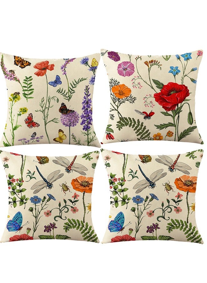 Linen Square Pillow Cases 45cm×45cm, Boho Set of 4 Dragonfly Butterfly and Plant printing Cushion Covers for Living Room Sofa Couch - Image 1