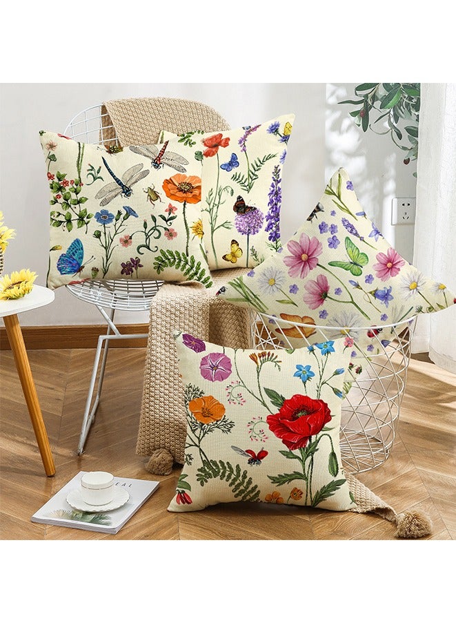 Linen Square Pillow Cases 45cm×45cm, Boho Set of 4 Dragonfly Butterfly and Plant printing Cushion Covers for Living Room Sofa Couch - Image 4