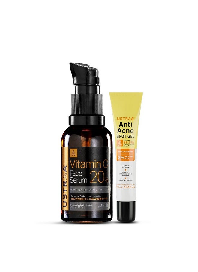 Ustraa - 20% Vitamin C Face Serum - 30Ml | 20% Vitamin C In Pure Form | Anti-Aging, Brightening & Anti Acne Spot Gel- 15Ml | Reduces 99.9% Pimple-Causing Germs, With 2% Salicylic Acid, Neem & Vitamin B3 - Image 1
