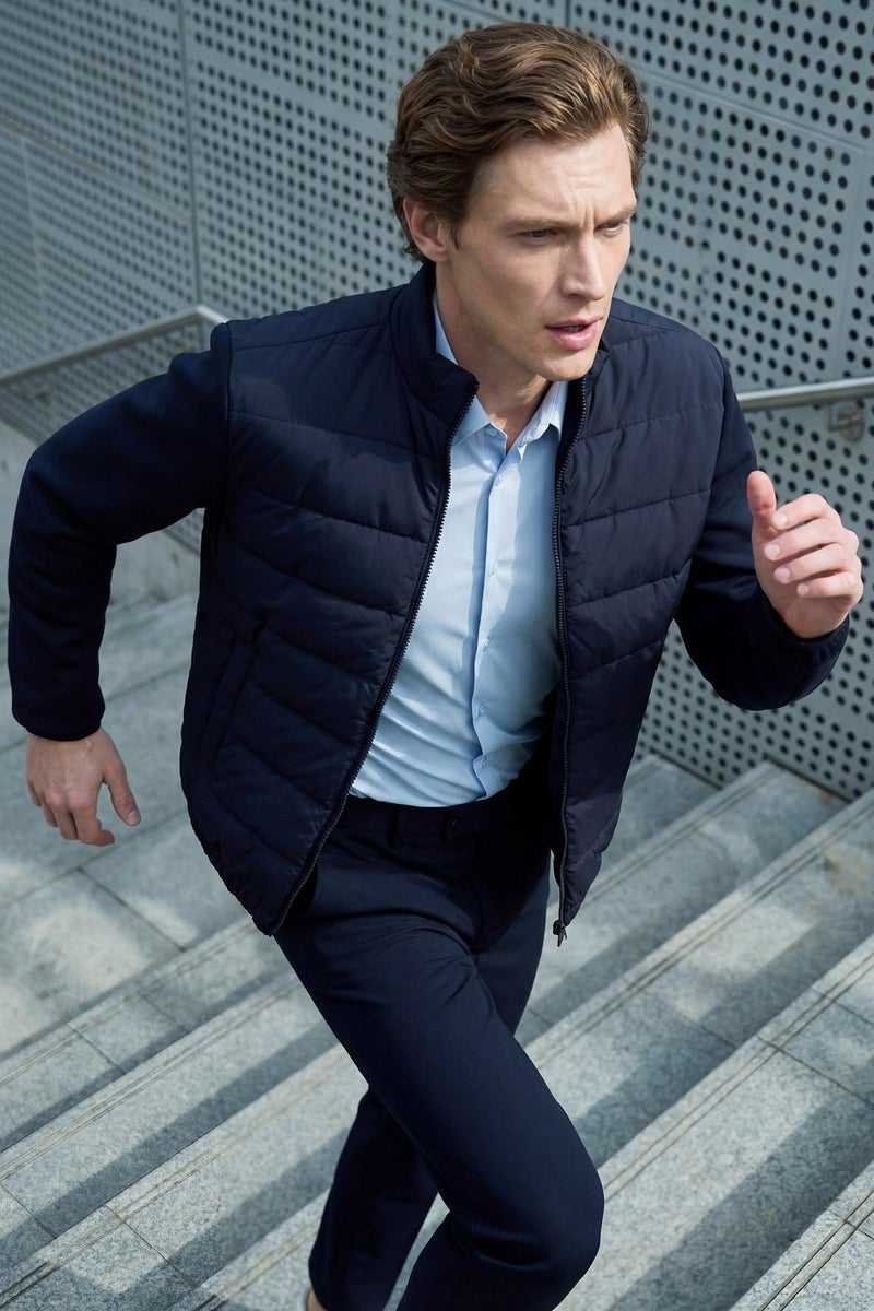 DeFacto Blue Man Slim Fit Lined Puffer Jacket Casual - Image 3