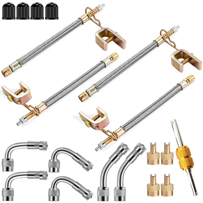 Valve Stem Extenders4Pcs 7Inch180mm Dual Flexible Stainless Steel Braided Valve Stem Extensions6Pieces 45 90 135 Degree Brass Valve Adaptors for Car Truck Motorhome Trailer RV Trailer Vehicle