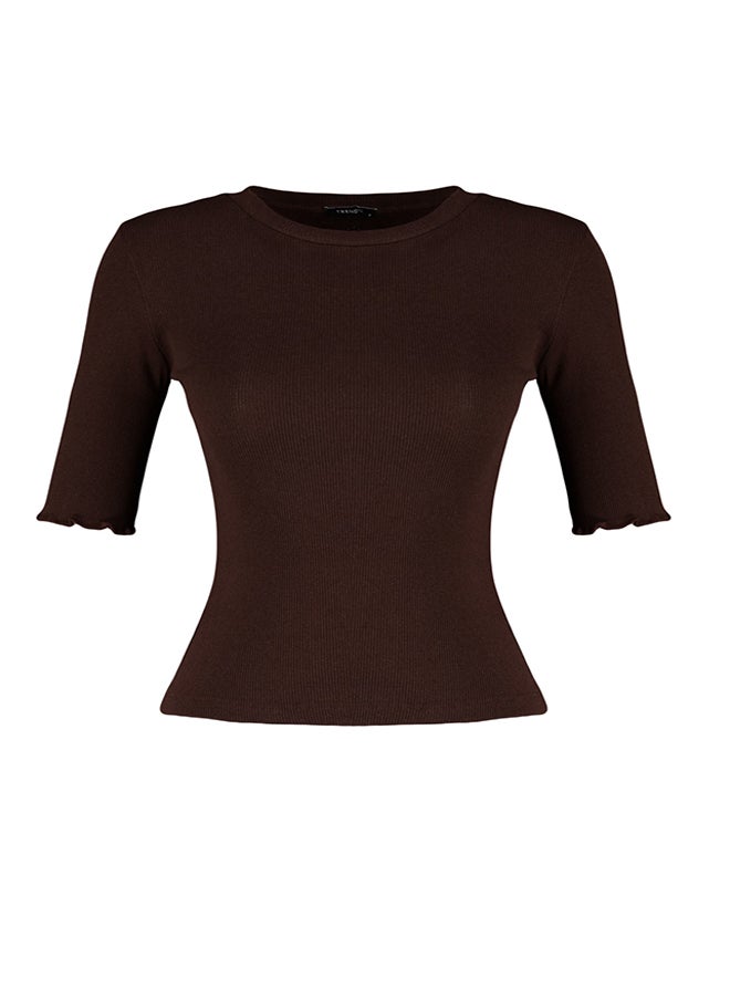 trendyol - Brown Corded Fitted/Fitted Crew Neck Stretch Knitted Blouse TWOSS23BZ00025 - Image 1