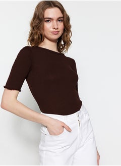Brown Corded Fitted/Fitted Crew Neck Stretch Knitted Blouse TWOSS23BZ00025
