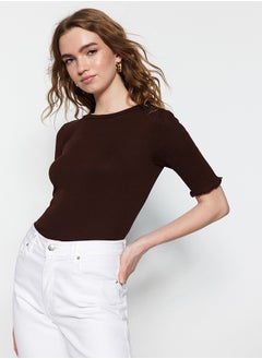 trendyol Brown Corded Fitted/Fitted Crew Neck Stretch Knitted Blouse TWOSS23BZ00025  - Image 2