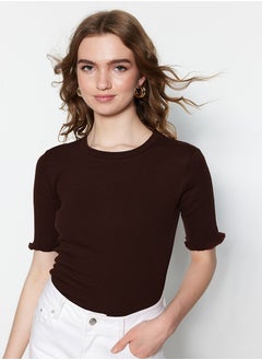 trendyol Brown Corded Fitted/Fitted Crew Neck Stretch Knitted Blouse TWOSS23BZ00025  - Image 3