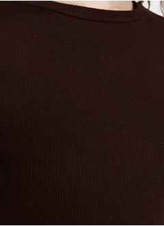 trendyol Brown Corded Fitted/Fitted Crew Neck Stretch Knitted Blouse TWOSS23BZ00025  - Image 4