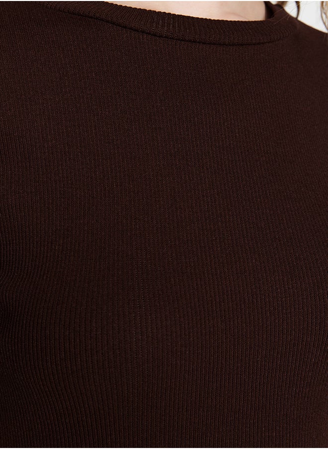 trendyol - Brown Corded Fitted/Fitted Crew Neck Stretch Knitted Blouse TWOSS23BZ00025 - Image 1