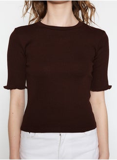 trendyol Brown Corded Fitted/Fitted Crew Neck Stretch Knitted Blouse TWOSS23BZ00025  - Image 5