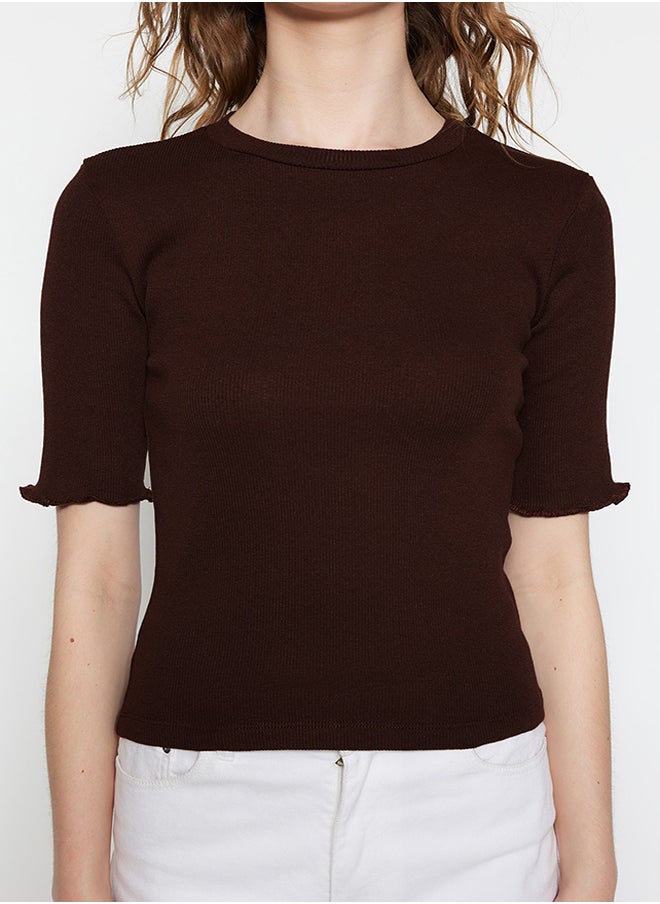 trendyol - Brown Corded Fitted/Fitted Crew Neck Stretch Knitted Blouse TWOSS23BZ00025 - Image 1