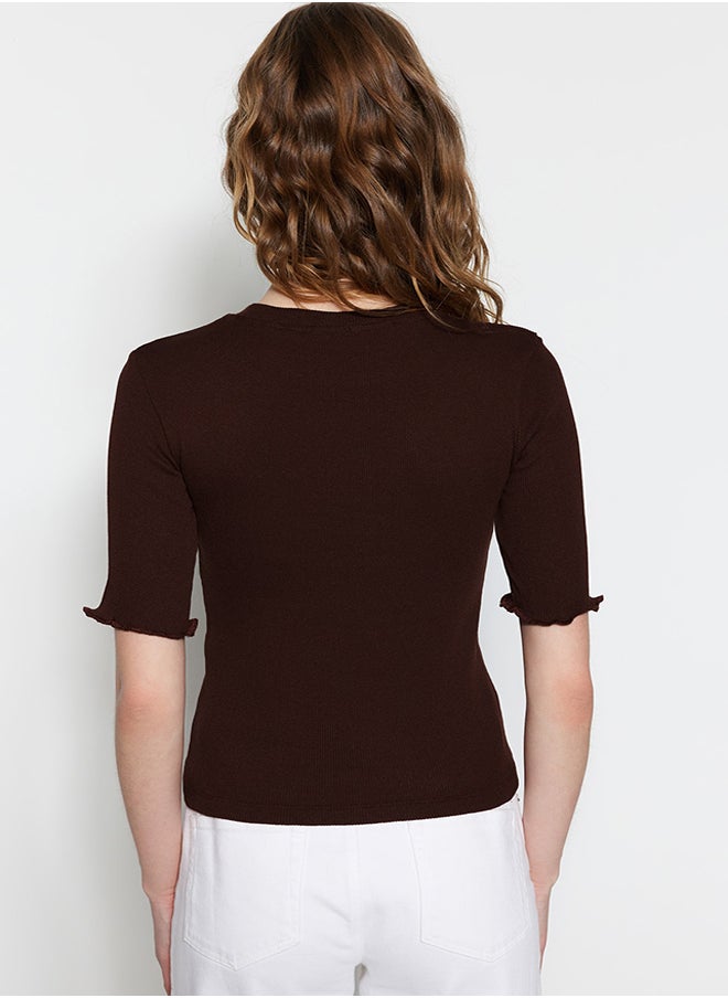 trendyol - Brown Corded Fitted/Fitted Crew Neck Stretch Knitted Blouse TWOSS23BZ00025 - Image 1