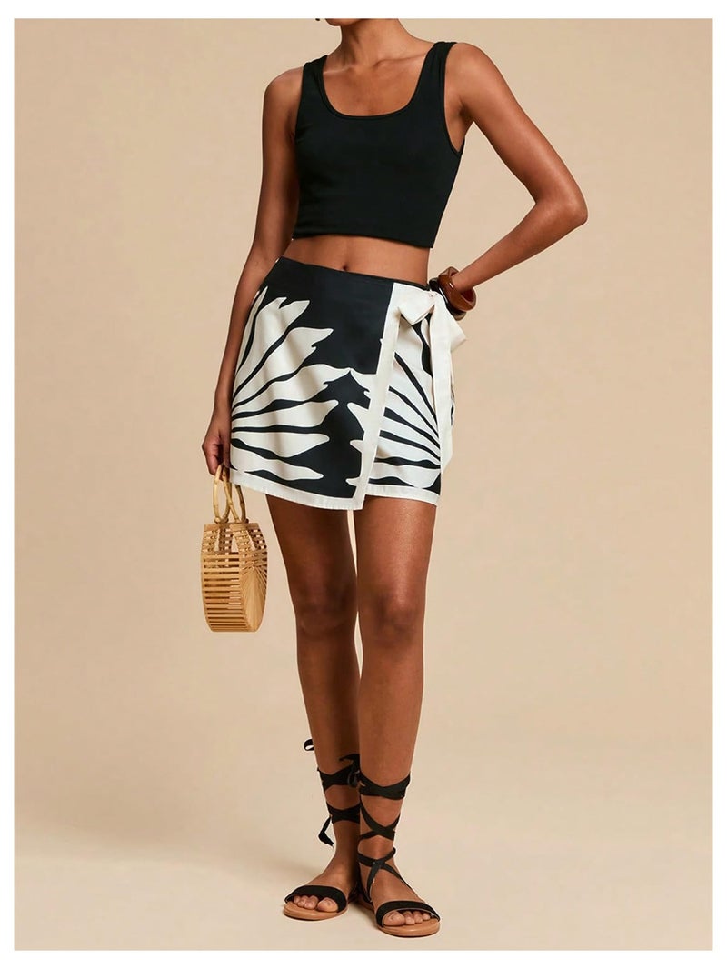 MakeMeChic Women's Summer Boho Wrap Mini Skirt Beach Vacation Short Skirts Leave Print Black Medium - Image 5