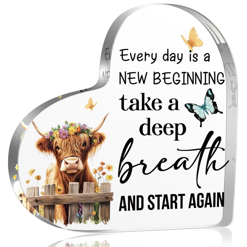 YAANUNULU Highland Cow Acrylic Keepsake Gifts for Women Friends Daughter Sister, Every day is a new beginning - Highland Cow Art Decor, Motivational and Inspirational Decorations for Home, Housewarming Gifts - Image 1