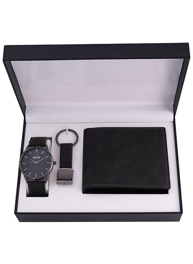ANDIAMO Men's Analog Black Case Black Dial Black Leather Strap, Leather Wallet, Key Chain 