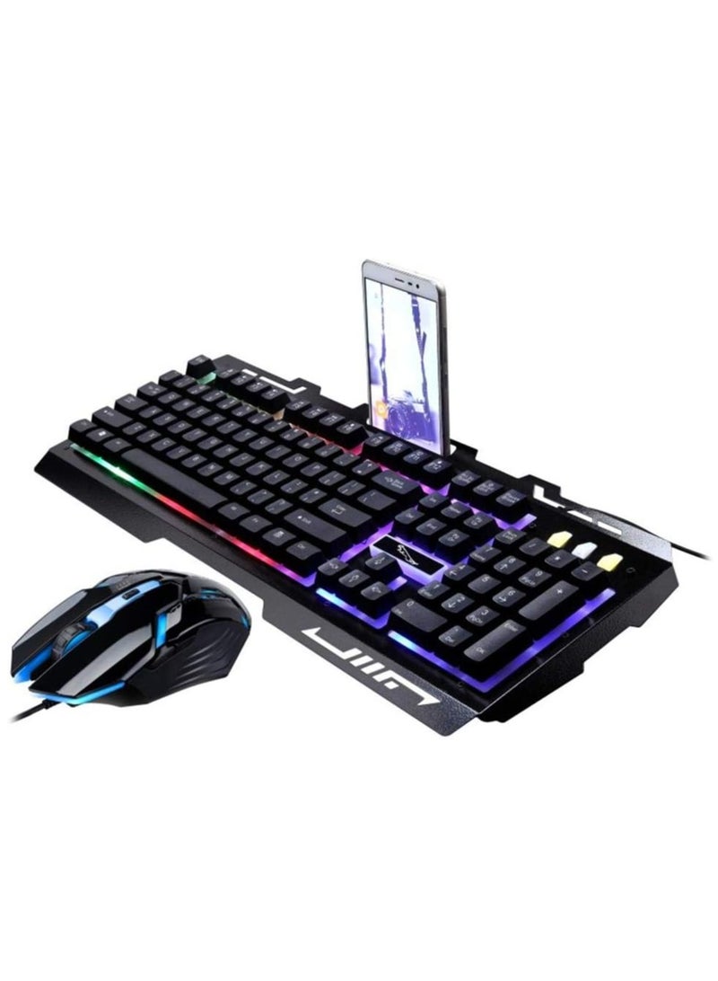 Gaming Keyboard and Mouse Combo – Rainbow LED Backlit Mechanical Style Keyboard with Phone Holder – 104 Keys – for PC/Mac – Black  - Image 1