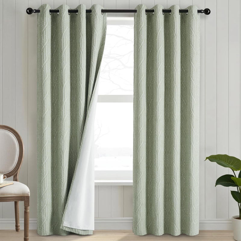 Drapexpert Green and White 100% Blackout Geometric Jacquard Curtains - Thermal Insulated Noise Reducing Drapes for Bedroom and Living Room, 52" x 96" - Image 2