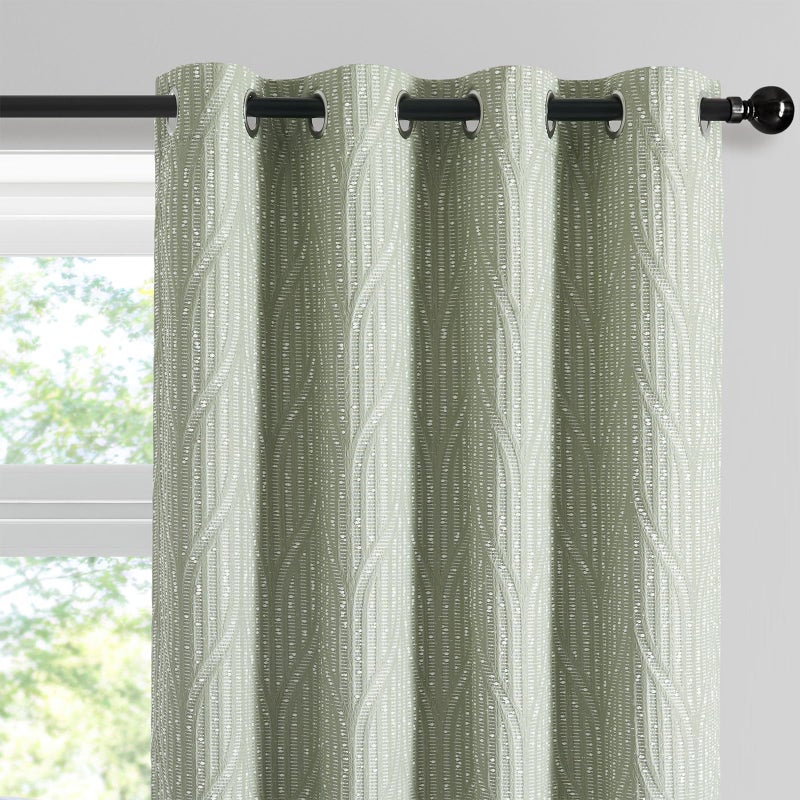 Drapexpert Green and White 100% Blackout Geometric Jacquard Curtains - Thermal Insulated Noise Reducing Drapes for Bedroom and Living Room, 52" x 96" - Image 1
