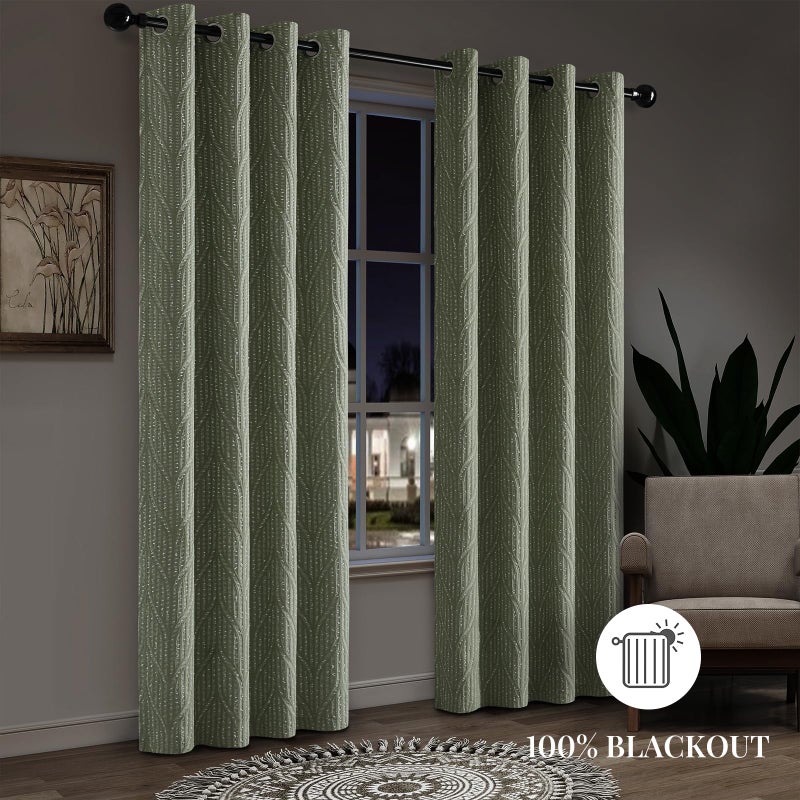 Drapexpert Green and White 100% Blackout Geometric Jacquard Curtains - Thermal Insulated Noise Reducing Drapes for Bedroom and Living Room, 52" x 96" - Image 3