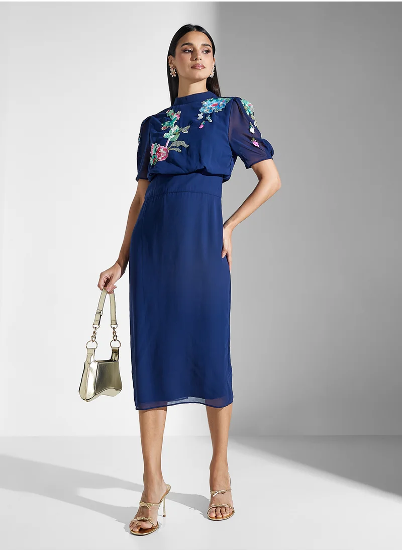 Hope & Ivy Embellished Midi Pencil Dress With Tie Back